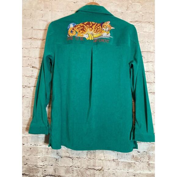 Sag Harbor Top Womens Large ? Green Button Up Cat Print Embroidered Long Sleeve - Picture 6 of 13